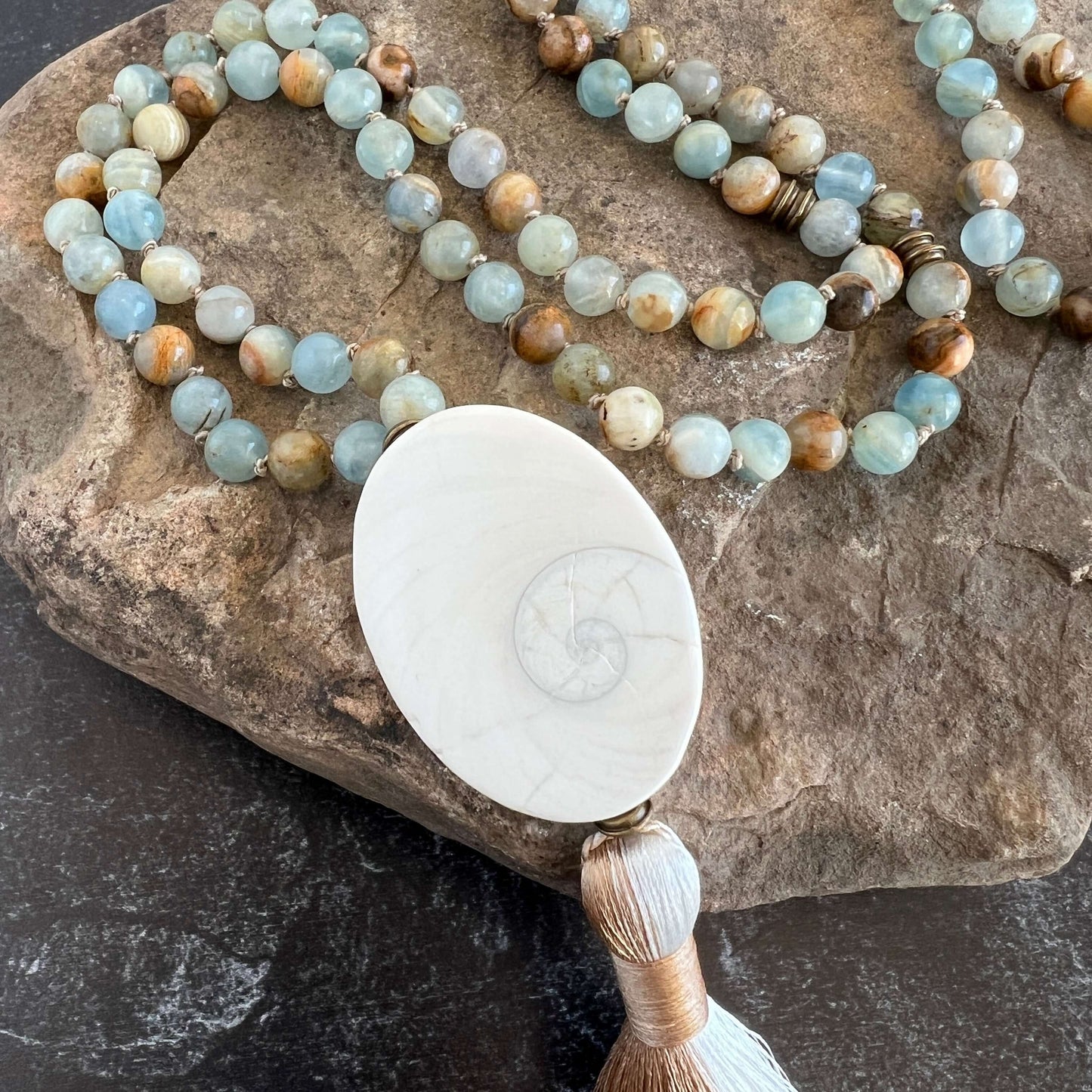 Smooth Sailing Meditation Mala – Lemurian Aquatine Calcite for Confidence & Calm