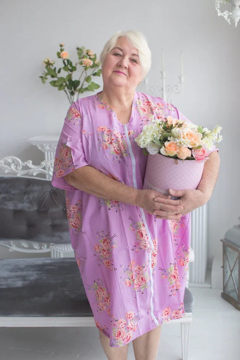 Zip in Front Housecoats for Elderly People - Faded Flowers Pattern