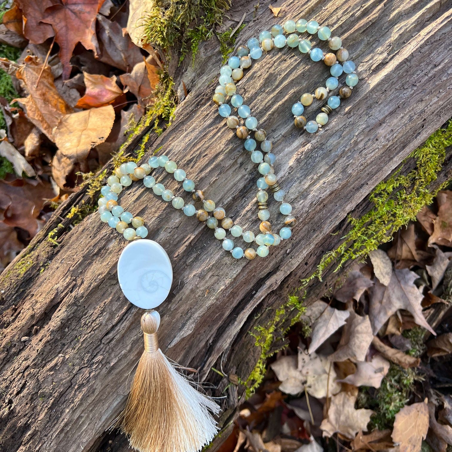 Smooth Sailing Meditation Mala – Lemurian Aquatine Calcite for Confidence & Calm