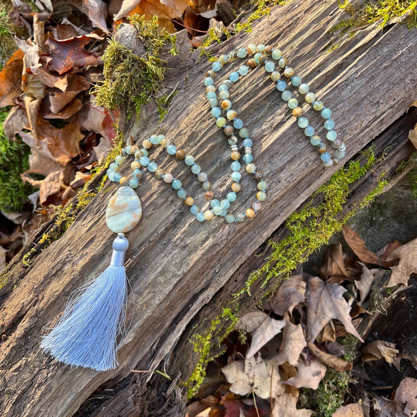 Smooth Sailing Meditation Mala – Lemurian Aquatine Calcite for Confidence & Calm