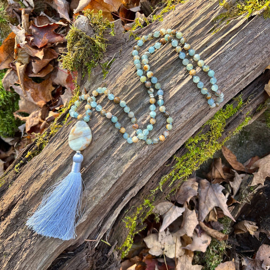 Smooth Sailing Meditation Mala – Lemurian Aquatine Calcite for Confidence & Calm