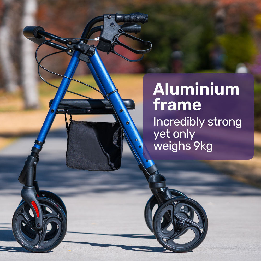 NNEMB 4 Wheel Lightweight Rollator Walker-Aluminium Frame-Seat-Carry Bag-for Seniors-Blue