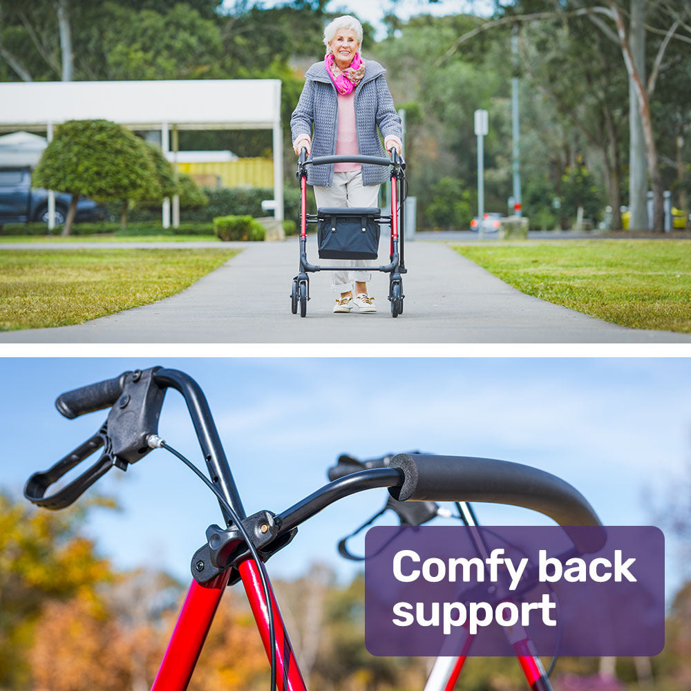 NNEMB 4 Wheel Lightweight Rollator Walker-Aluminium Frame-Seat-Carry Bag-for Seniors-Red