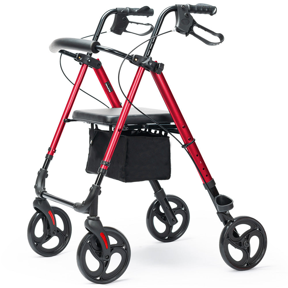 NNEMB 4 Wheel Lightweight Rollator Walker-Aluminium Frame-Seat-Carry Bag-for Seniors-Red