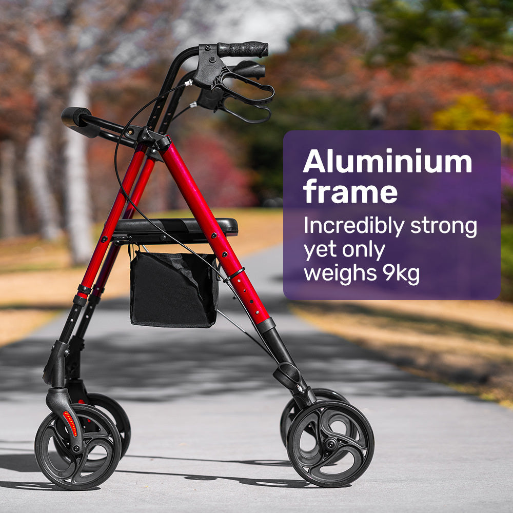 NNEMB 4 Wheel Lightweight Rollator Walker-Aluminium Frame-Seat-Carry Bag-for Seniors-Red