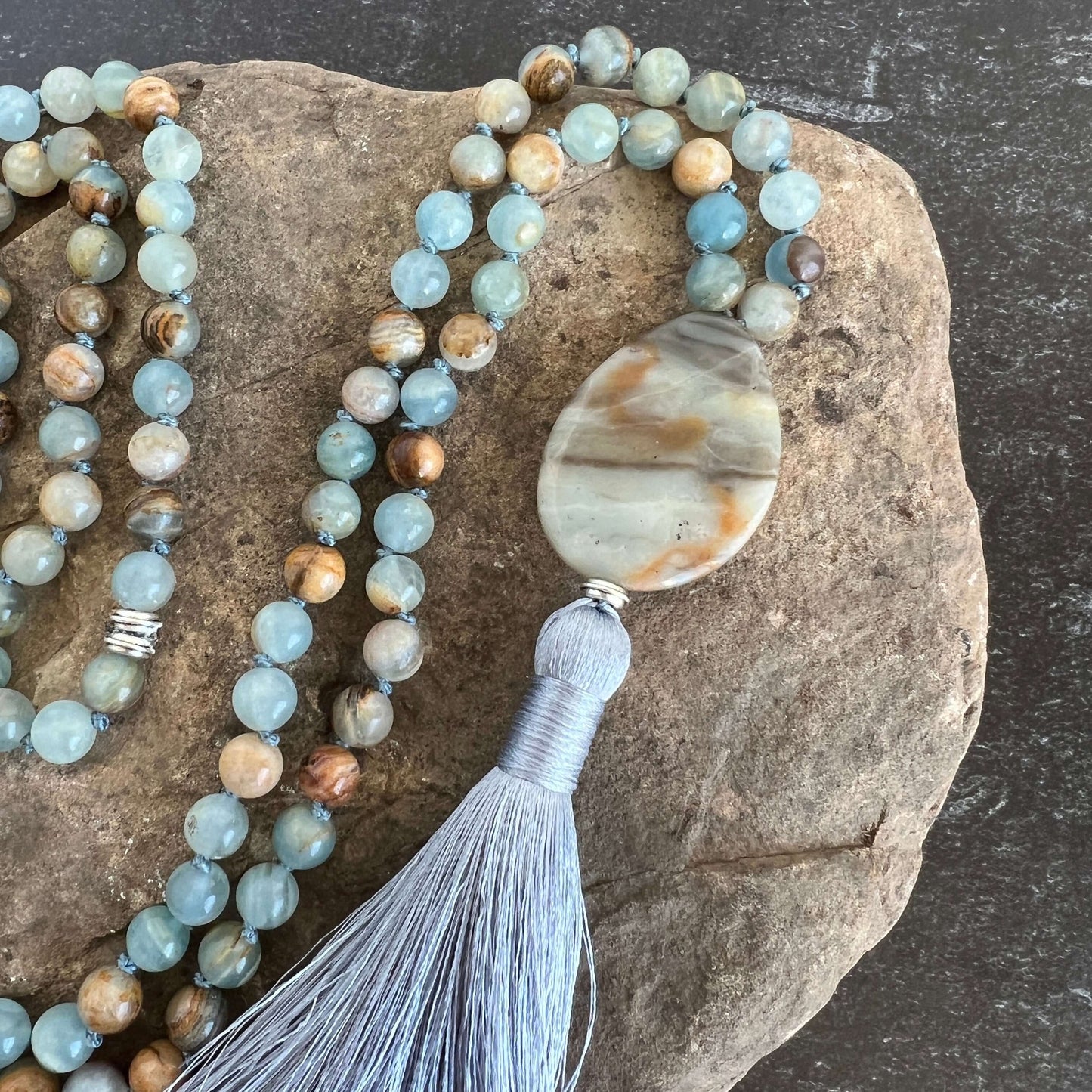 Smooth Sailing Meditation Mala – Lemurian Aquatine Calcite for Confidence & Calm