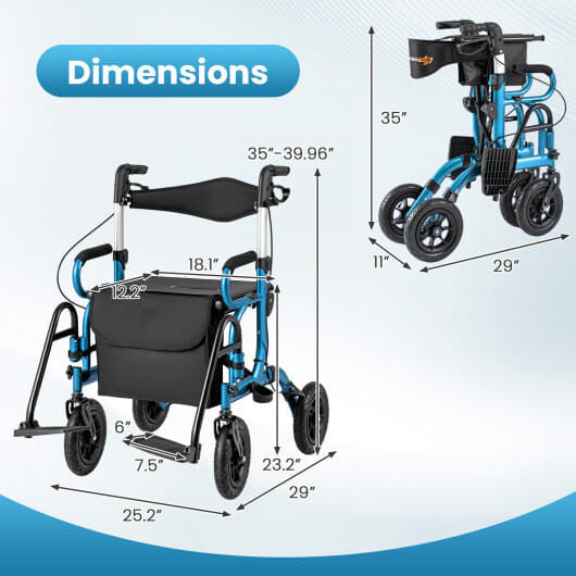 2-in-1 Foldable Rollator Walker with Seat abd 9 Inch Pneumatic Tires for Seniors-Red