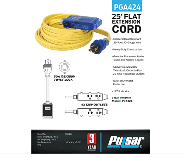 25 ft Generator Extension Cord – Heavy-Duty Flat 10 Gauge Power Distribution Cord with Multiple Household Outlets