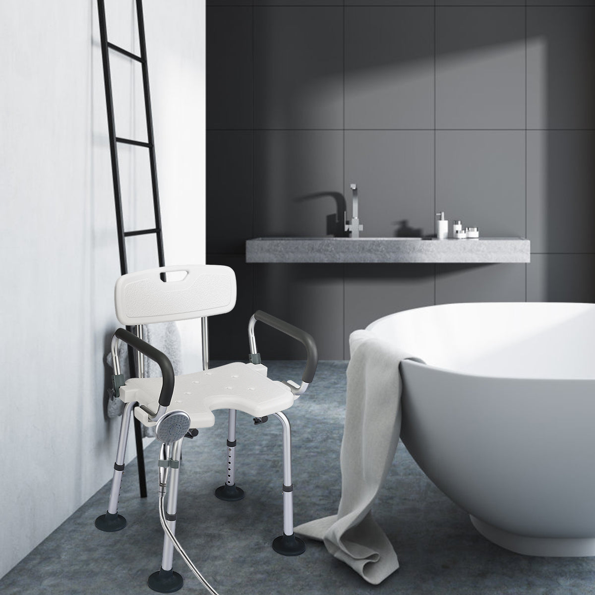 NNECW Non-Slip Shower Chair with U-Shaped Cutout for Elderly-White
