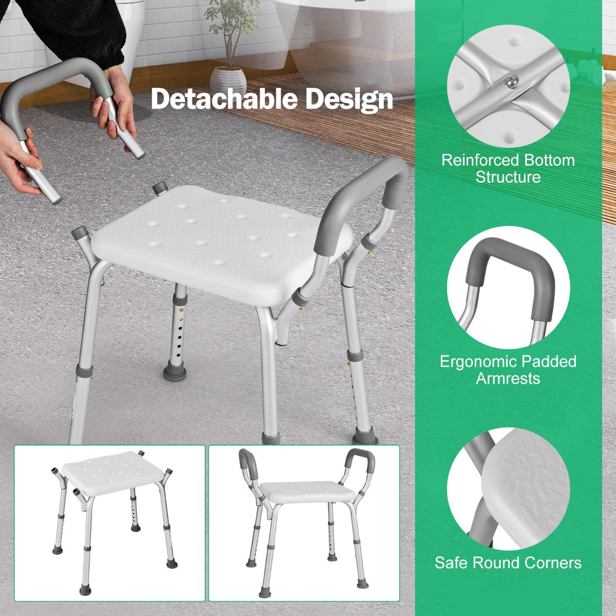 NNECW Bath Chair Shower Bench with Detachable Padded Arms for Seniors