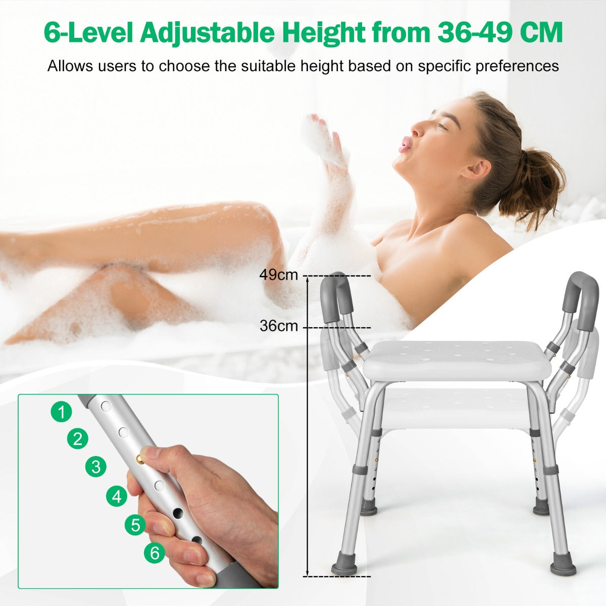 NNECW Bath Chair Shower Bench with Detachable Padded Arms for Seniors
