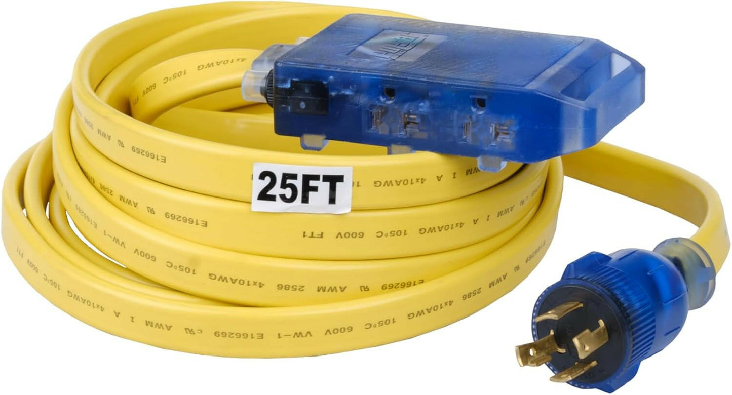 25 ft Generator Extension Cord – Heavy-Duty Flat 10 Gauge Power Distribution Cord with Multiple Household Outlets