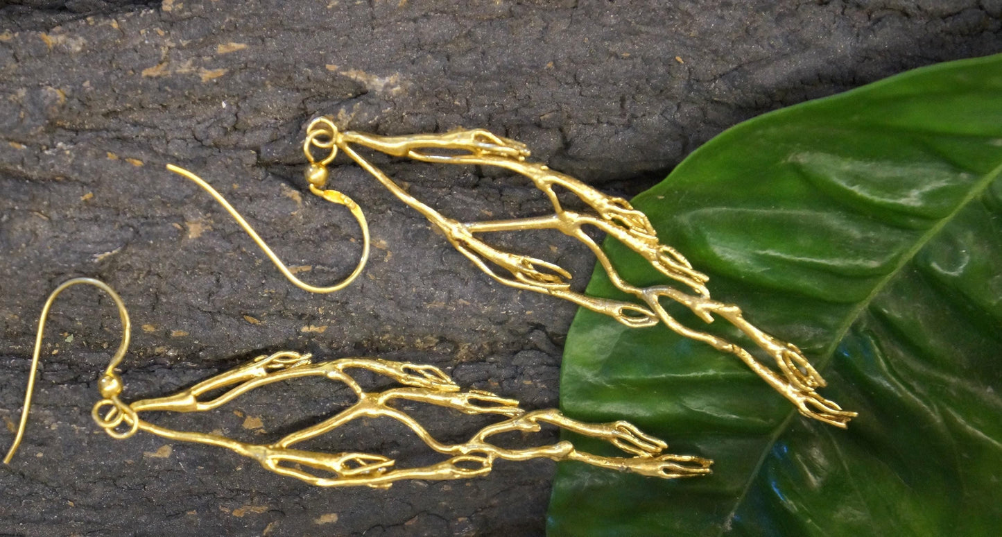 Real Leaf Gold Dangle Earrings, Handmade Nature Jewelry, Organic Botanical Dangles, Unique Gift for Nature Lovers, Gold Plated Jewelry