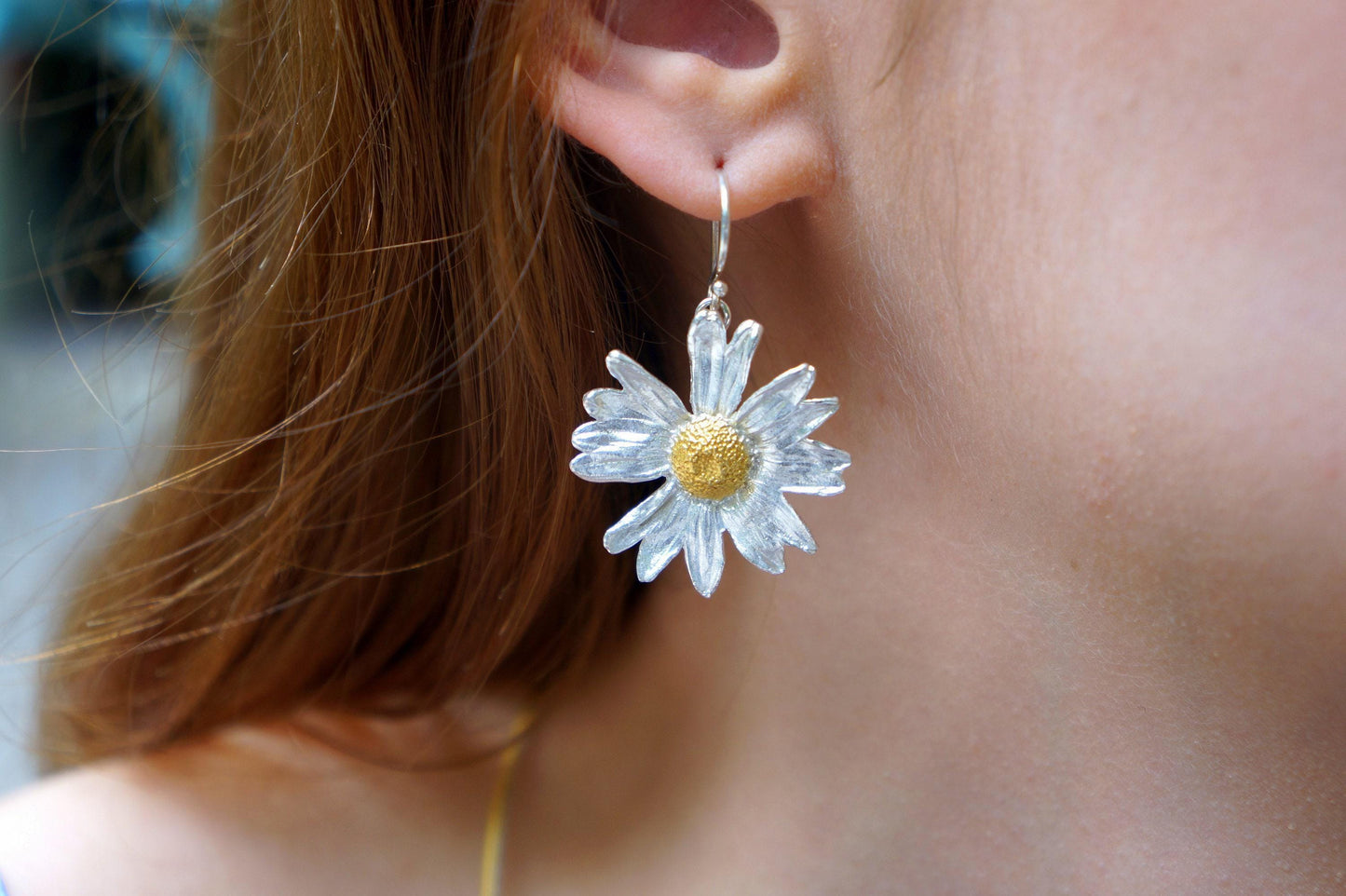 Daisy Flower Earrings, Gold-Plated Sterling Silver Jewelry, Handmade Jewelry, Gift for Her, Jewelry for Women