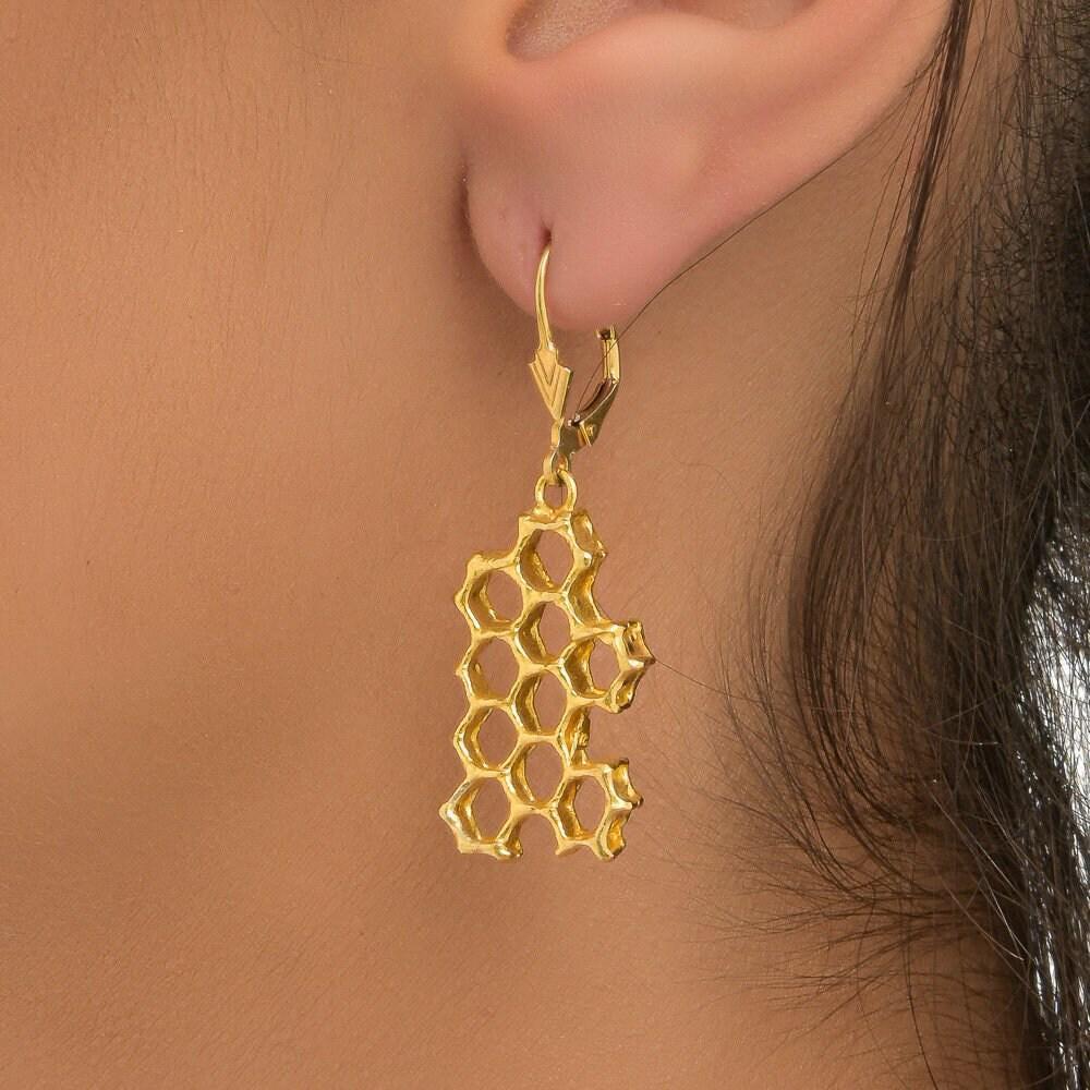 Real Honeycomb Earrings, Handmade Nature Jewelry, Organic Bee Dangles, Gift for Luck & Productivity, Eco Sustainable Brass