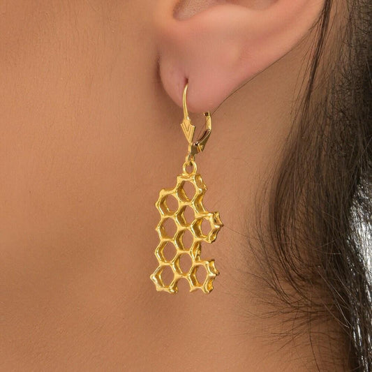 Real Honeycomb Earrings, Handmade Nature Jewelry, Organic Bee Dangles, Gift for Luck & Productivity, Eco Sustainable Brass