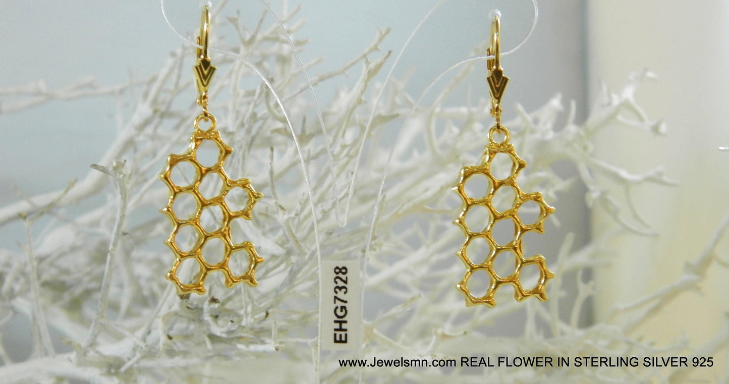 Real Honeycomb Earrings, Handmade Nature Jewelry, Organic Bee Dangles, Gift for Luck & Productivity, Eco Sustainable Brass