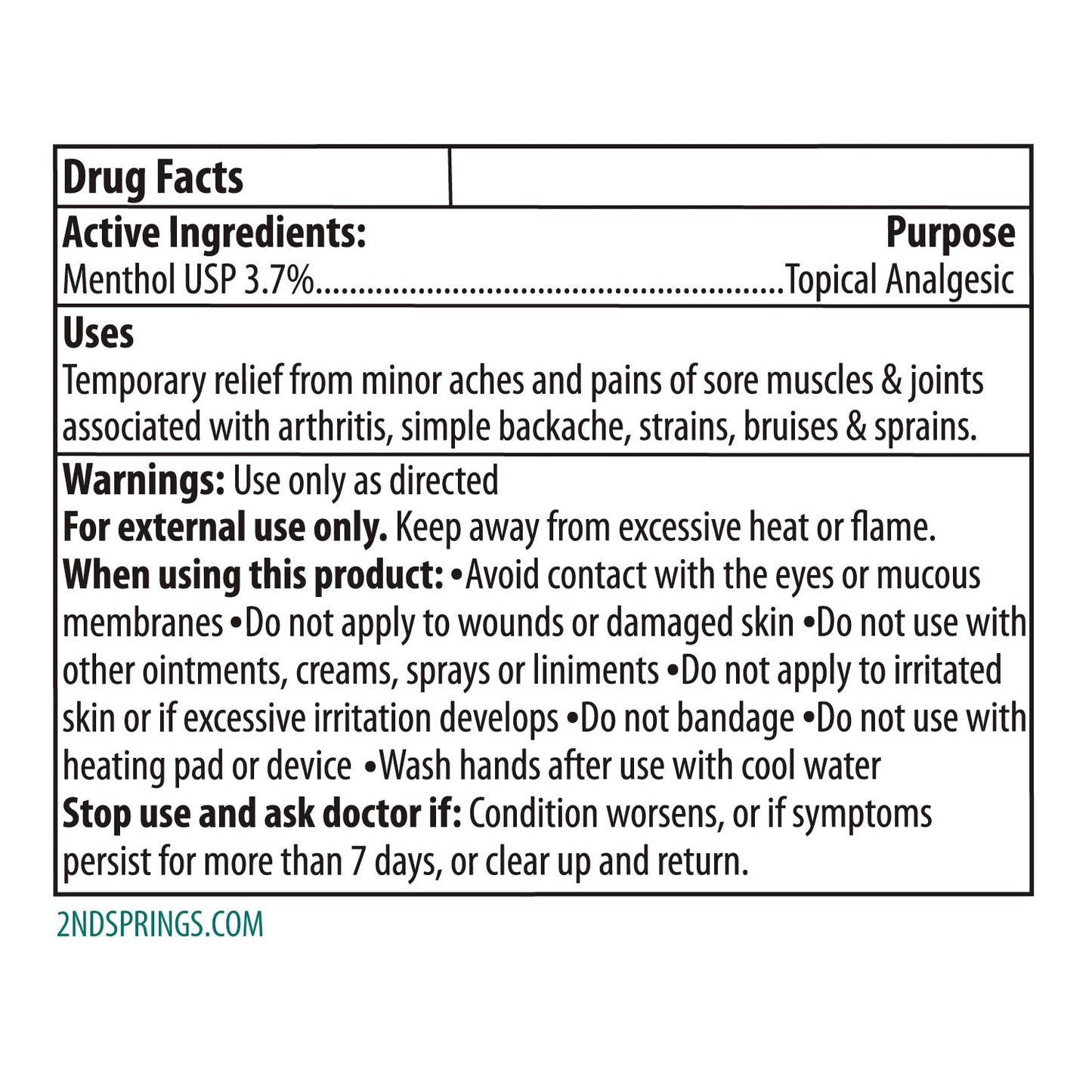 2nd Springs Restore Pain Relief Cream